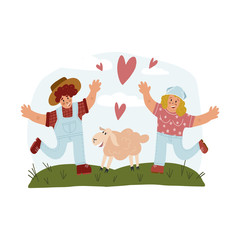 An idealistic rural landscape with farmer and his wife run to a cute smiling sheep. Flat vector illustration for your design.