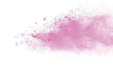 Pink powder explosion on white background. Paint Holi.