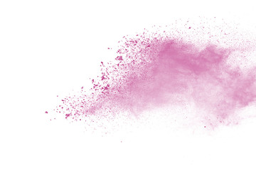 Pink powder explosion on white background. Paint Holi.