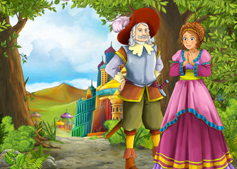 Cartoon nature scene with beautiful castle with prince and princess