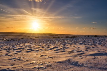 Naklejka premium Sonnenstrahlen in der verschneiten Winterlandschaft