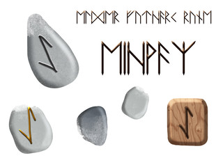 Set of Eihwaz magic german runes Elder Futhark on wooden block and stones isolated on white background