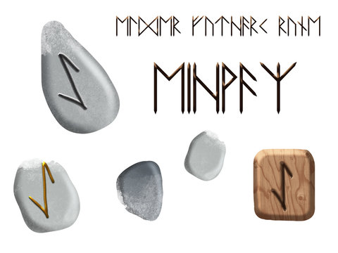 Set of Eihwaz magic german runes Elder Futhark on wooden block and stones isolated on white background