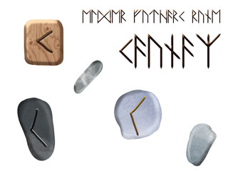 Set of kaunaz magic german runes Elder Futhark on wooden block and stones isolated on white background