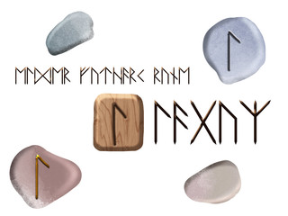 Set of laguz magic german runes Elder Futhark on wooden block and stones isolated on white background