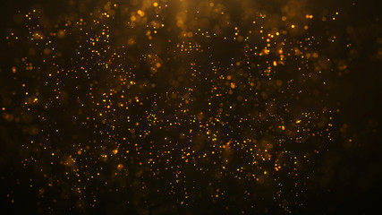 golden particles shining stars dust bokeh glitter awards dust abstract background. Futuristic glittering in space on black background.	