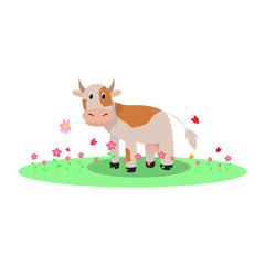 Rural farm with a cow in the meadow. Vector cartoon Spring or Summer landscape.