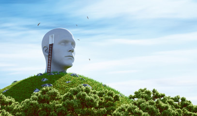 Statue human head and ladder on a hill. Surreal concept. 3d rendering - obrazy, fototapety, plakaty