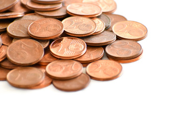 2 Euro cent coins on white background. Selective focus. Copy space is on the right side. 