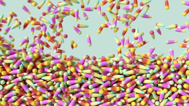 Colorful corn halloween candies falling down from above and filling the screen. Traditional halloween sweets vivid motion background pattern. 