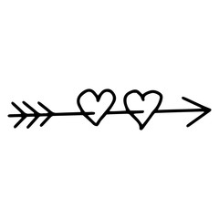 2 hearts pierced by an arrow.Hand drawn Doodle line drawing. Valentine's day, love, wedding, romantic relationships.Vector