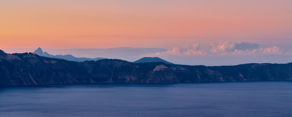 Panoramic view after sunset over the Crater Lake in central Oregon.