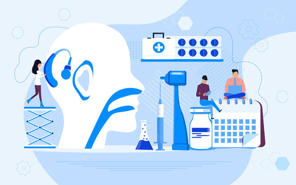 Deafness concept vector. Tiny doctors give hearing aid. World Deaf Day in last Sunday of September. Rally, seminar and various deaf awareness campaign design for app, landing page