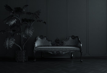 Minimal black classic interior front view room. Luxury armchair sofa and potted plant black...