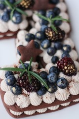 Delicious chocolate cake with cream and blueberries 