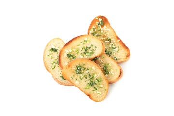 Toasted bread slices with garlic isolated on white background