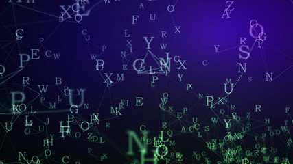 Abstract alphabet ornament on color background. Education writing design concept. Random letters fly. 3d illustration.