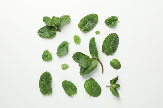 Flat lay with mint on white background, top view