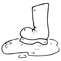 Garden rubber boots. Vector illustration of rubber boots. Hand drawn boot in a pool of water, mud.