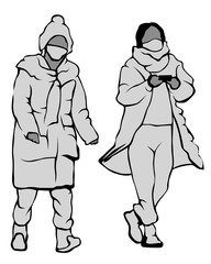 People in winter clothes and protective masks are walking along the street. Isolated people on a white background