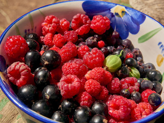 Berry platter in a saucepan. Raspberry-strawberry-currant - gooseberry mix. Colored background. Future jam. The view from the top.
