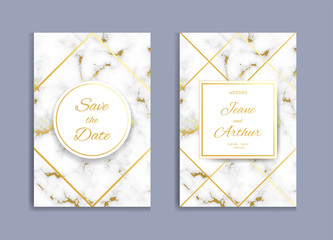 Elegant wedding invitation with marble textured background. Template vector image.