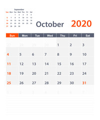 October 2020 vector planning calendar