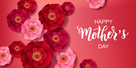 Happy Mother’s day hand lettering text with beautiful flower. Good for the holiday of mom, vector illustration. Typography. Card, poster, banner, invitation, postcard.