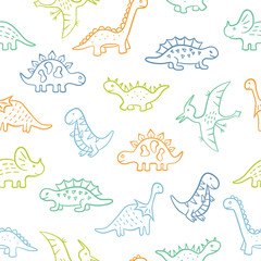 Cute doodle Dinosaurs. Dino colorful seamless pattern. Hand drawn vector illustration on white background © Elena Pimukova