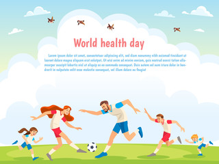 World Health Day. Family Sports. Illustrations of active parents playing sport games in urban park. Funny family couples in cartoon style. Family game sport together, play football
