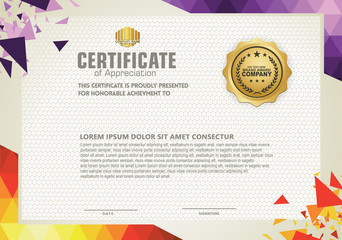 Fototapeta premium Horizontal certificate template with triangle geometric polygonal frame and modern pattern background. vector illustration