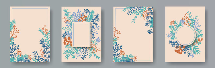 Simple herb twigs, tree branches, flowers floral invitation cards templates. Plants borders elegant invitation cards with dandelion flowers, fern, lichen, eucalyptus leaves, savory twigs.