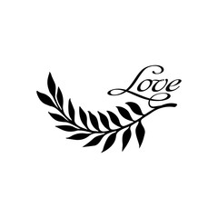 Stylish vector silhouette of a branch with slots. Creative idea tattoo inscription love and twig - minimalism style. Botany style, beautiful trendy tattoo for a girl