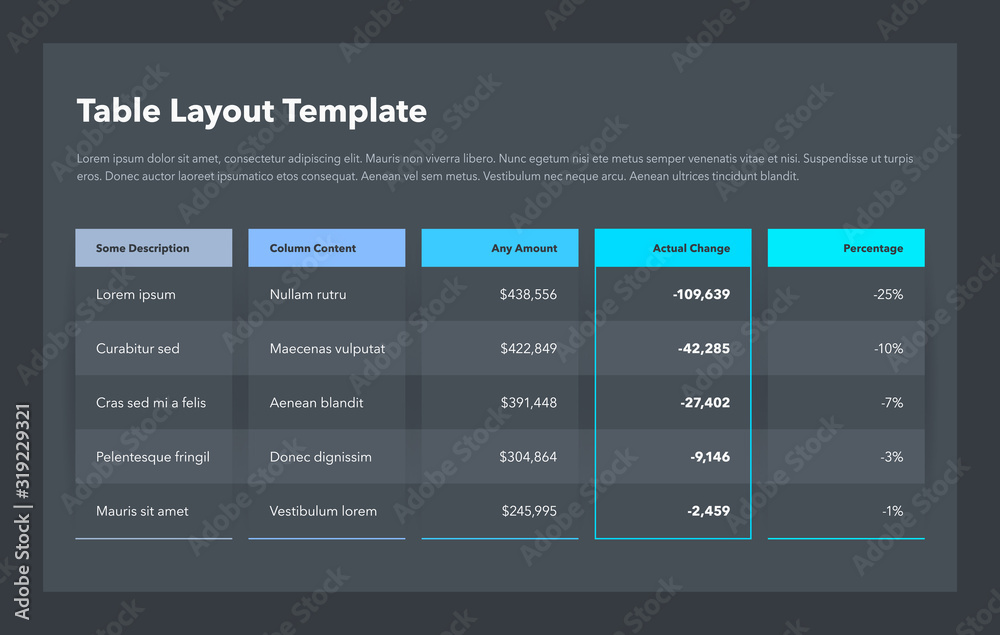 Poster Modern business table layout template - dark version. Flat design, easy to use for your website or presentation.