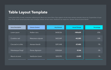 Modern business table layout template - dark version. Flat design, easy to use for your website or presentation.