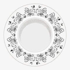 Vector floral decorative pattern in a circle. Decoration of a round frame, plate, flat dish. Stock illustration isolated on white background, closeup.