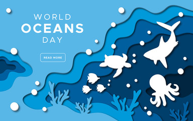 World oceans day in paper cut art style