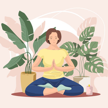 Woman Sitting Cross-legged And Meditating At Home On Background Of Houseplants. Concept Illustration For Practicing Yoga. Stock Vector Illustration In Flat Cartoon Style.