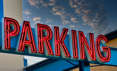 Neon Red Parking Sign