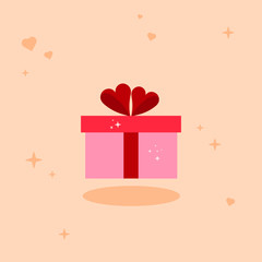 This is vector gift box and hearts on pink background. Cute cartoon illustration. Could be used for flyers, postcards, holidays decorations. Card for Valentine’s  Day.