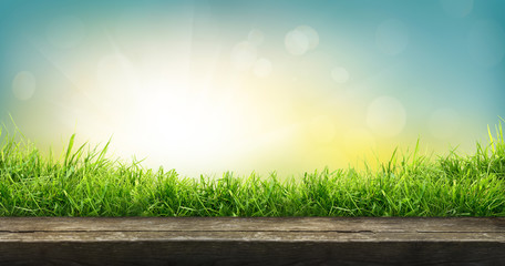Een natuurlijke lentetuinachtergrond van vers groen gras met een heldere blauwe zonnige hemel met een houten tafel om uitgesneden producten op te plaatsen.