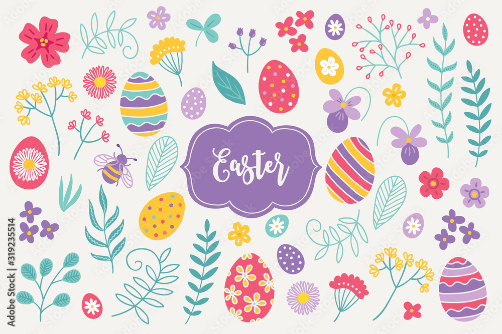 Wall mural Easter design elements - flowers, bee, eggs, daisy, violet, leaves, branches