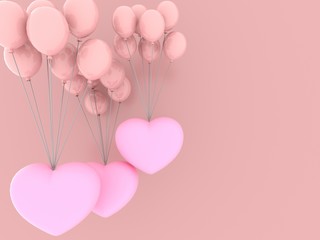 Valentine's day. Pastel pink balloons tied to a Pink heart floating, Convey love, Isolated on pastel  pink backgrounds, Minimal concept idea, illustration, 3D rendering.