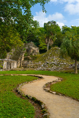 Ruins of ancient Muyil. Architecture of ancient maya. View with temple and other old buildings, houses. Blue sky and lush greenery of nature. travel photo. Wallpaper or background. Yucatan. Mexico.