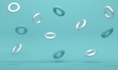 Abstract blue background with silver flying rings. Backdrop design for product promotion. 3d rendering