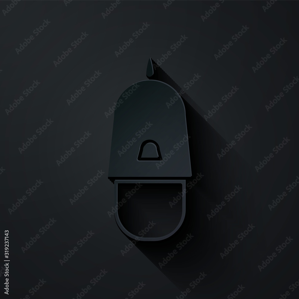 Sticker Paper cut Police cap with cockade icon isolated on black background. Police hat sign. Paper art style. Vector Illustration