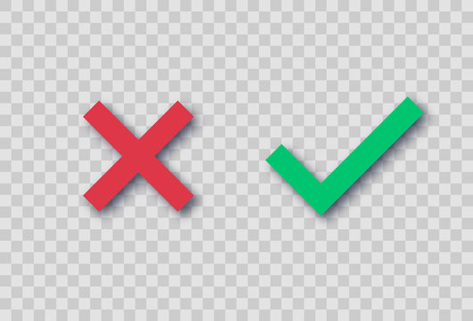 Red cross and a green tick. Vector illustration with realistic shadow on a transparent background. Symbol of choosing or voting. Right or wrong answer concept. Checkbox marks