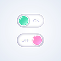 On and Off slider button. Switch interface button. Vector 3d illustration. Flat icon On and Off toggle switch button. Switch toggle button, slider in ON and OFF position