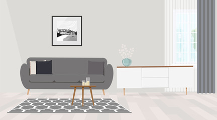 Black and white painting on empty wall of cozy living room interior