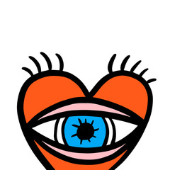 Eye in heart with lashes hand drawn vector logo in cartoon comic style